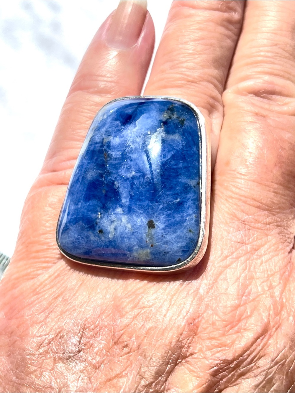 HUGE Blue Sodalite 950 Sterling Silver Modernist Trapezoidal Double Band Ring 7